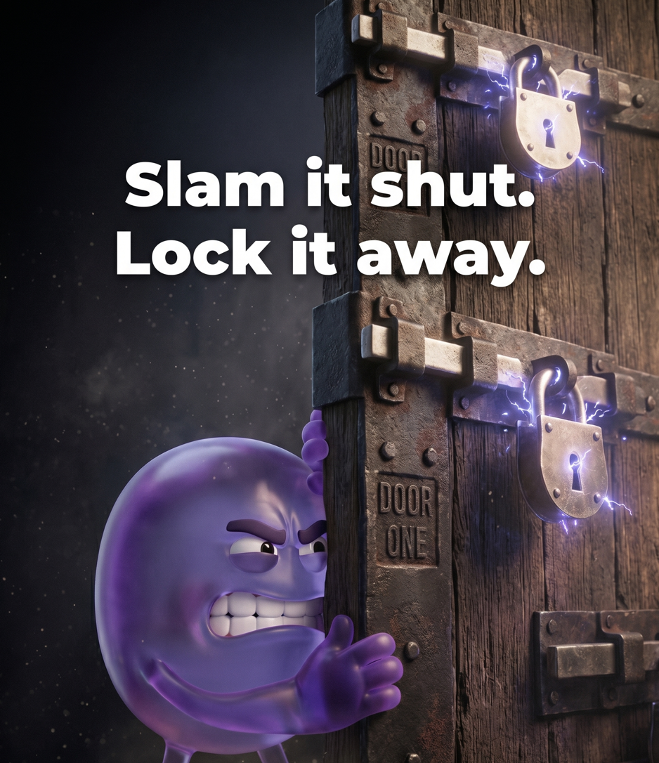 Purple character slamming a heavy door shut with locks, captioned 'Slam it shut. Lock it away.'