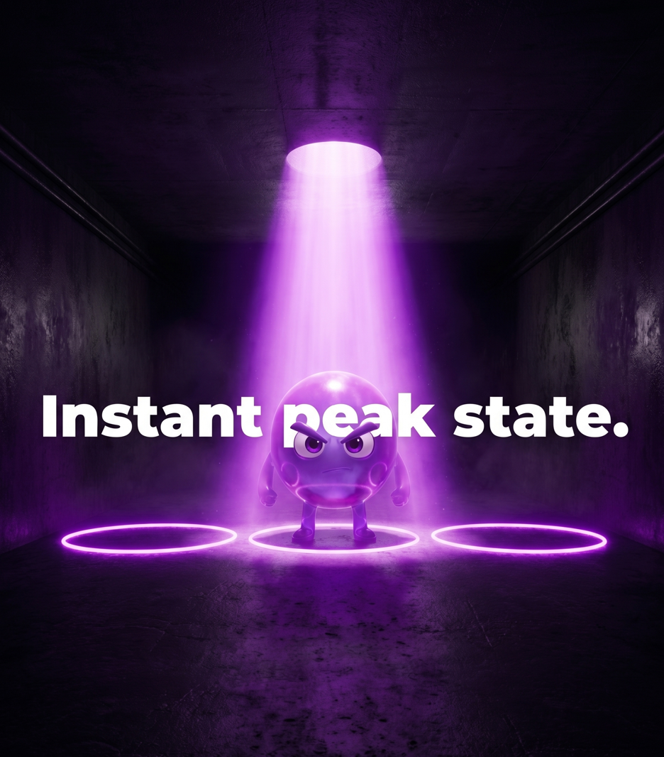 Glowing character in a spotlight representing instant peak state