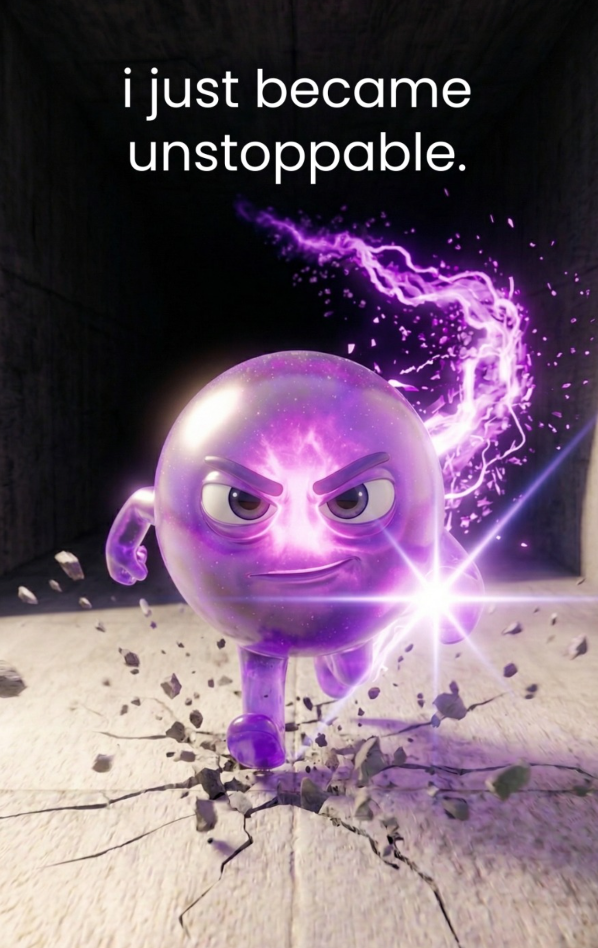 Unstoppable purple character bursting through